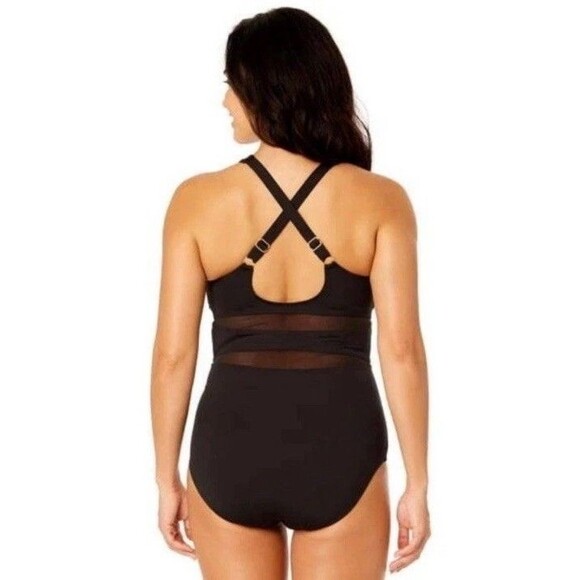 Lands End Women’s One Piece Swimsuit Mesh Criss Cross Straps Padded Bust Medium - Picture 2 of 6